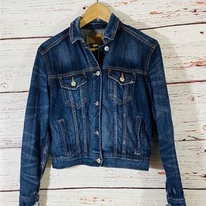 AE American Eagle Denim Jean Jacket Womens Sz Extra Small Coat Distressed Cuffs